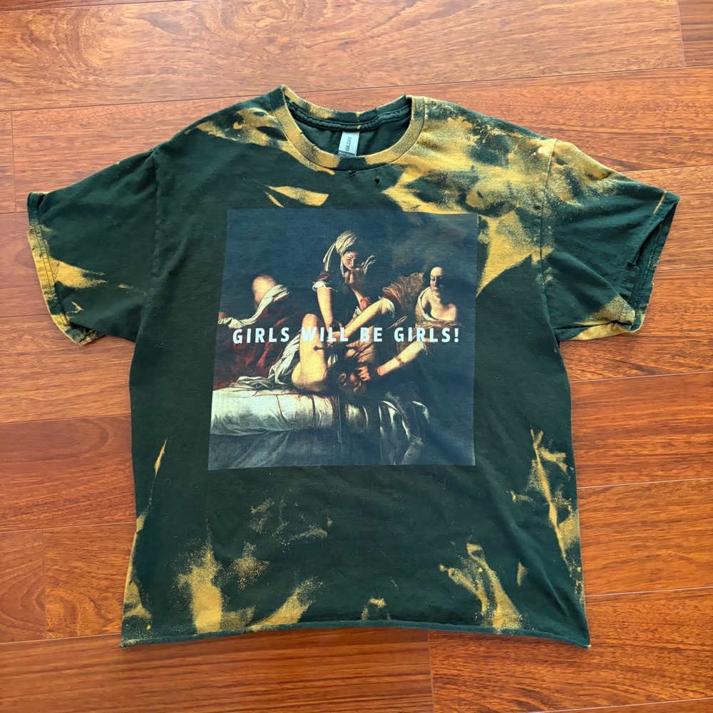 Bleach Dyed Y2K Girls Will Be Girls T-Shirt Green Distressed Fits Men's Small